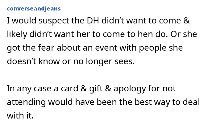 Text post from user converseandjeans discussing a woman turning flaky and missing her friend&rsquo;s wedding, suggesting an apology would be best.