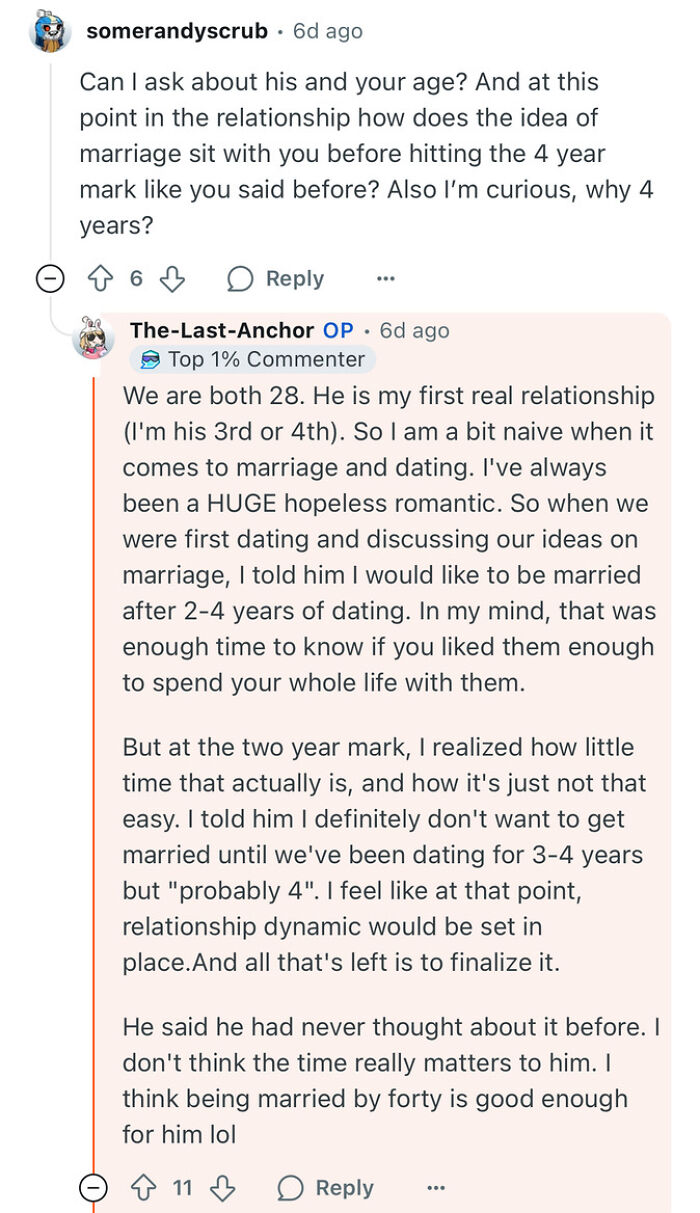 Screenshot of a Reddit conversation discussing marriage timeline in a relationship between a poor woman and her rich partner.