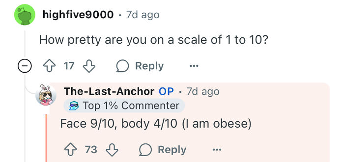 Commenter shares personal rating of attractiveness, touching on self-image amid dating a rich guy’s impact on life.