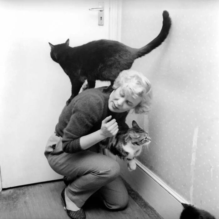 Woman crouching with two vintage cats, one on her back and one in her arms, in a black-and-white vintage cat photo.