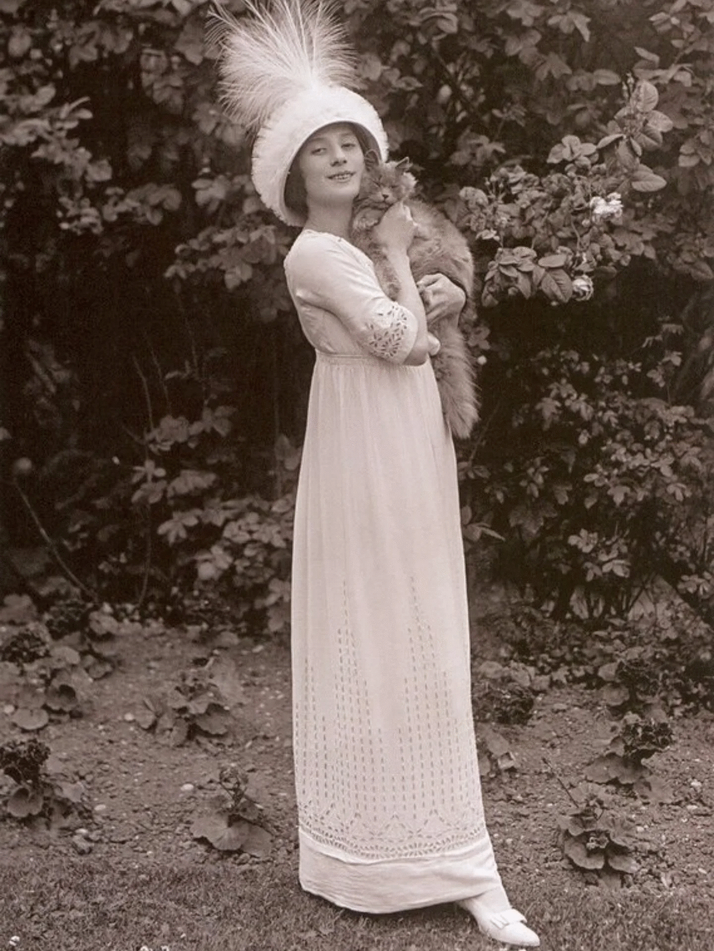 Vintage cat photo of a woman in a white dress and large feathered hat holding a fluffy cat outdoors in a garden.