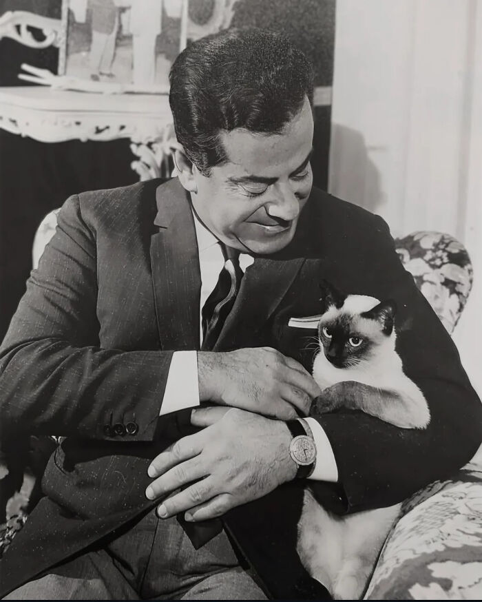 Vintage cat photo showing a man in a suit lovingly holding a Siamese cat in a classic black and white setting.