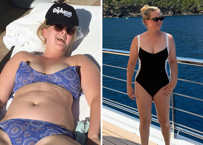 Side-by-side images of a woman showing two different celebrity beach bodies in swimsuits by the water and on a lounge chair.