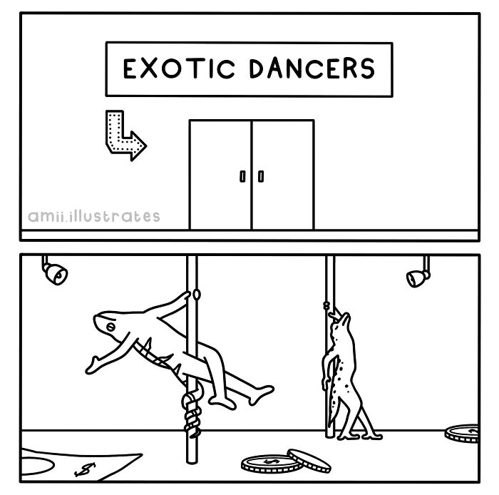 Black and white animal comic showing a frog and a cat pole dancing inside an exotic dancer club with money on the floor.