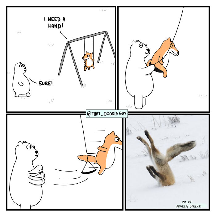 Animal comics showing a bear helping a fox on a swing, blending humor with cute animal characters.