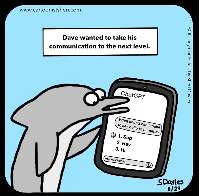 Cartoon dolphin using a phone with ChatGPT, exploring funny animal comics about communication and laughter.