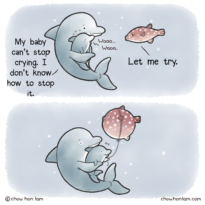 Cartoon dolphins and a pufferfish in a lighthearted animal comics scene with a baby dolphin crying and being comforted.