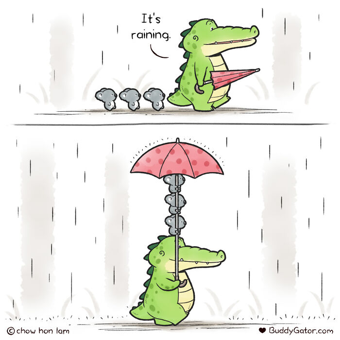 Cute animal comics showing a crocodile sharing an umbrella with small mice in the rain for laughs and smiles.
