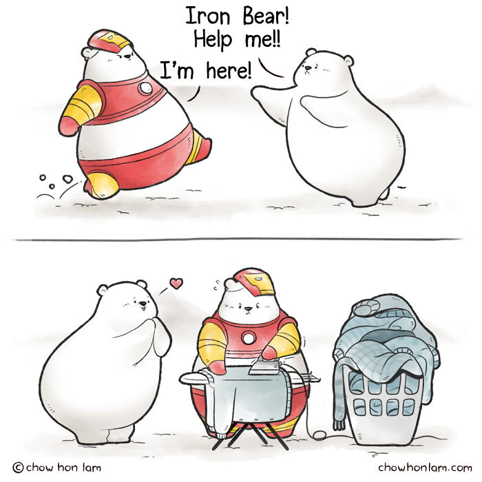 Comic of two animal bears, one dressed as a superhero helping the other, in a funny animal comic scene.