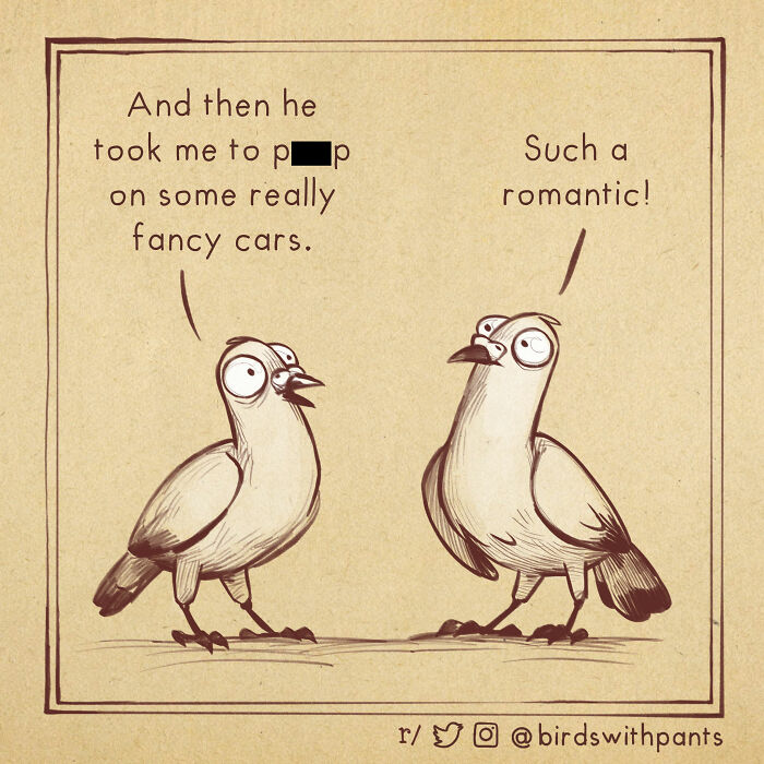 Two birds in a humorous animal comic discussing a romantic outing, drawn in a simple sketch style.