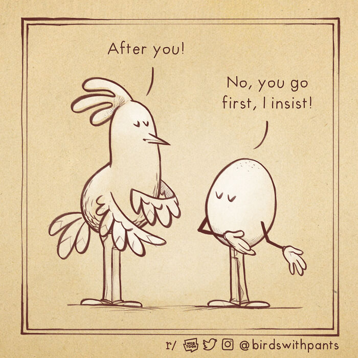 Animal comics featuring a polite chicken and egg exchanging courteous dialogue in a simple sketch style.