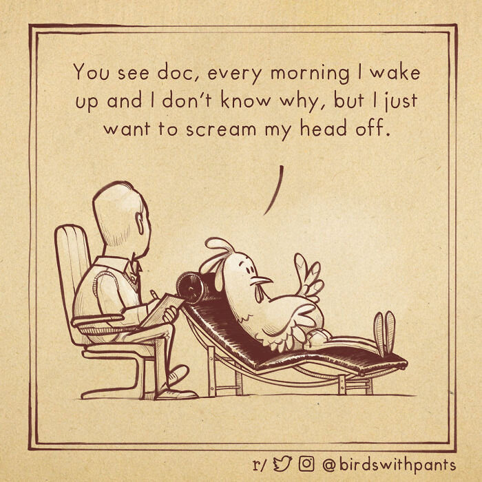 Cartoon of a chicken lying on a therapist couch sharing feelings in a humorous animal comics style.