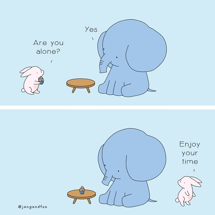 Cute animal comics with a bunny and elephant sharing a cupcake, designed to make you laugh and smile.