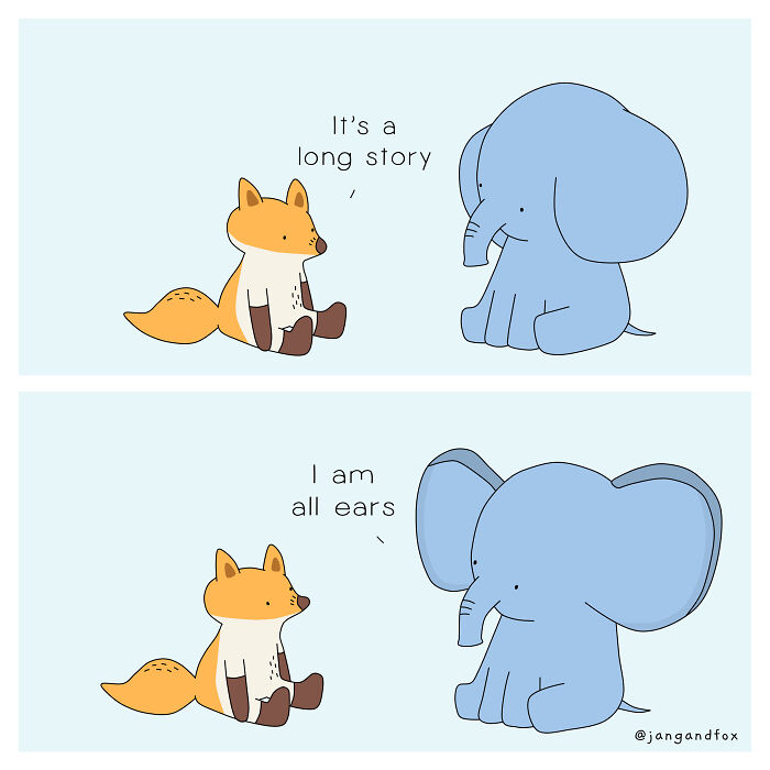 Cute animal comics showing a fox and elephant having a humorous conversation about listening and storytelling.