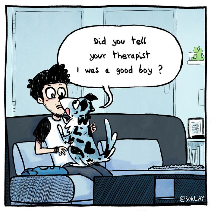Cartoon of a dog sitting on a man's lap asking if he told his therapist he was a good boy in an animal comic style.