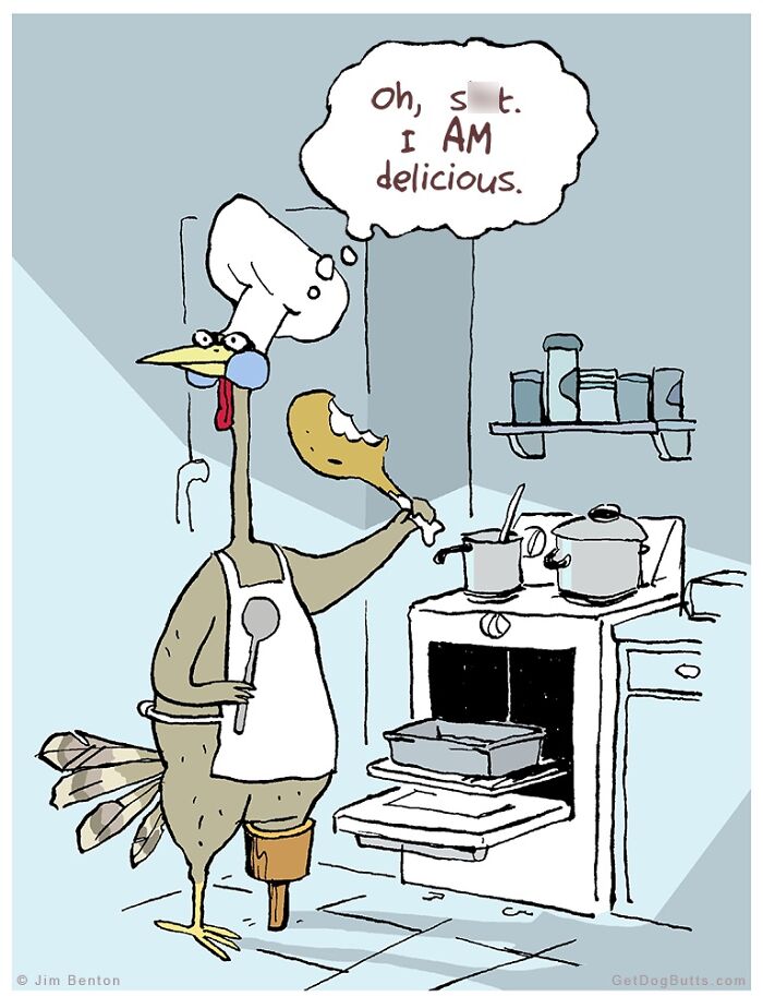 Cartoon of a bird chef tasting food in a kitchen, humorous animal comic with cooking theme and funny expression.