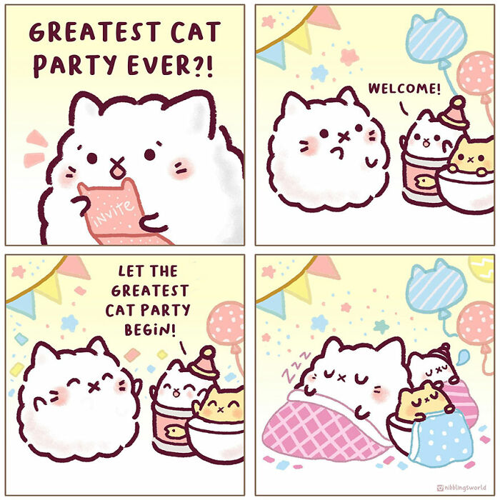 Cute animal comics featuring fluffy cats having a party, celebrating, and sleeping in a cozy, colorful setting.