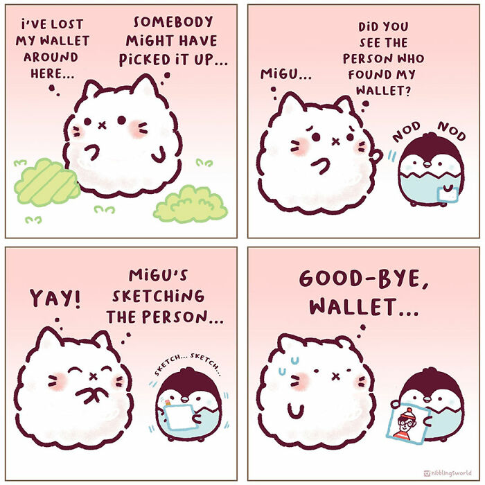 Cute animal comics featuring a fluffy cat and penguin humorously searching for a lost wallet and sketching the finder.