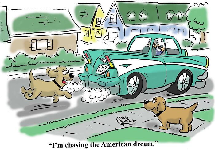 Cartoon of two dogs and a vintage car, featuring funny animal comic with playful chase scene on a suburban street.