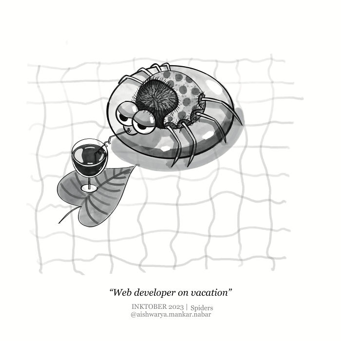 Cartoon spider relaxing on a float with a drink, a humorous animal comic illustration for animal comics content.
