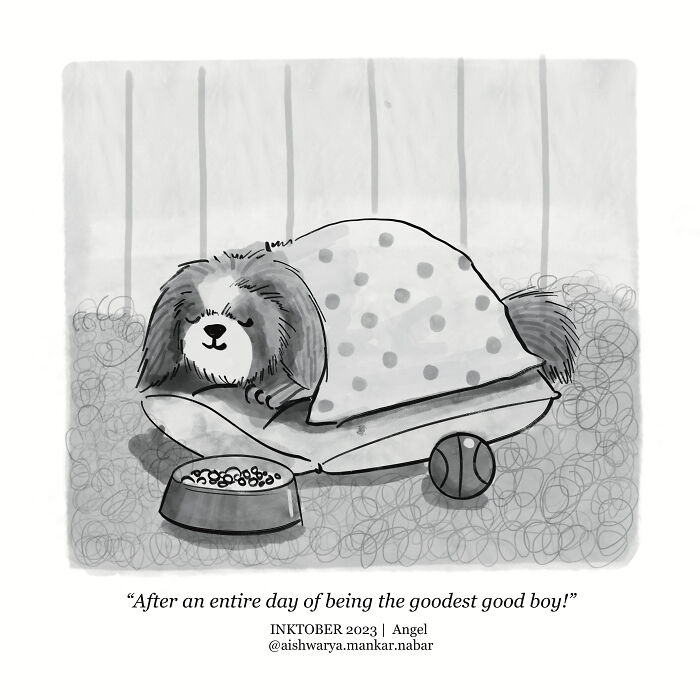 Black and white animal comic of a dog resting on a pillow with a blanket, food bowl, and ball nearby.