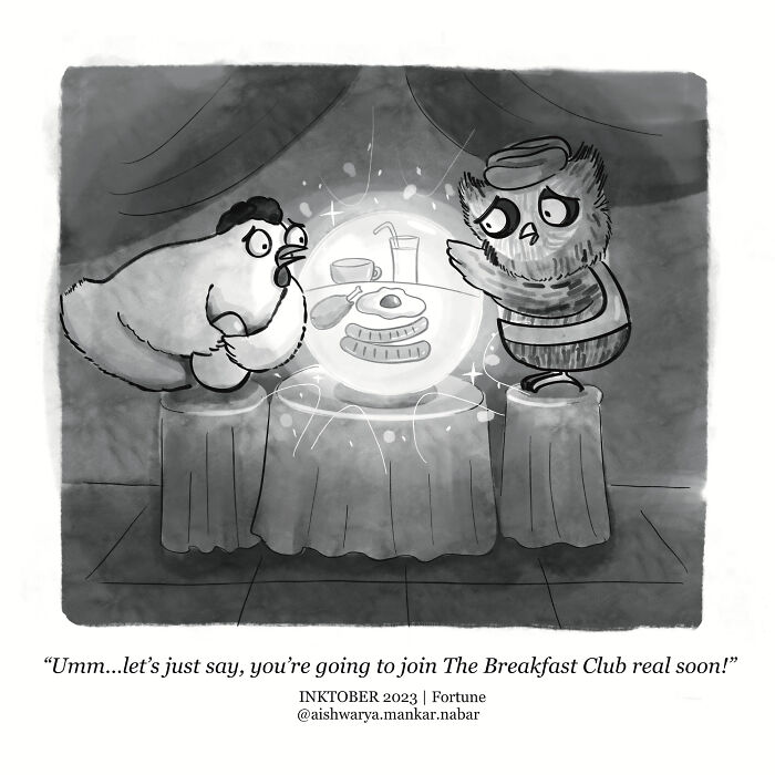Black and white animal comic featuring a chicken and an owl fortune-telling with a glowing breakfast-themed crystal ball.