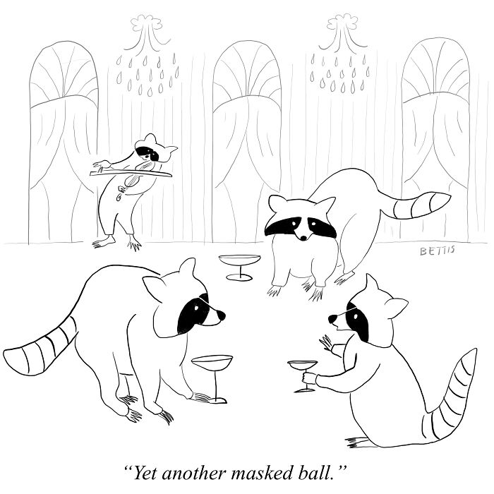 Raccoons attending a masked ball in a comic illustration, showcasing animal comics with humorous scenes.