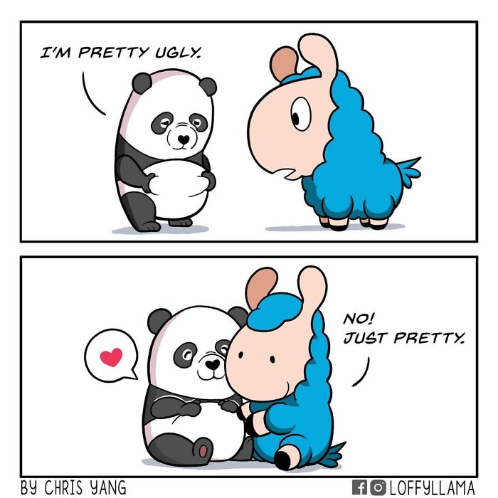 Cartoon panda and blue llama sharing a sweet moment in a funny animal comic illustration.