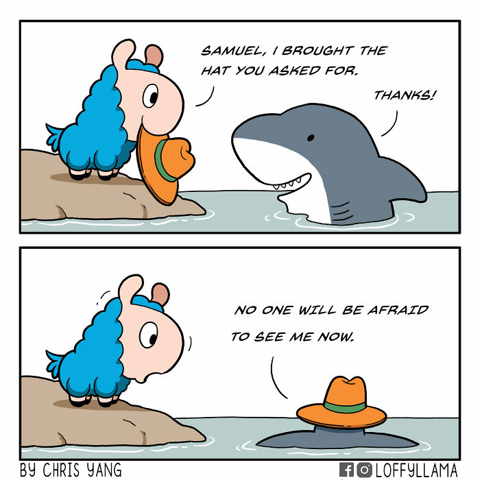 Animal comics featuring a llama and shark with a humorous hat disguise by the water in a cute comic strip.