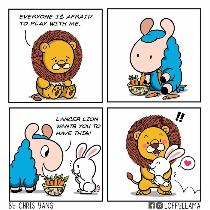Cute animal comics featuring a sad lion, a blue llama, and a happy bunny sharing carrots and hugs.