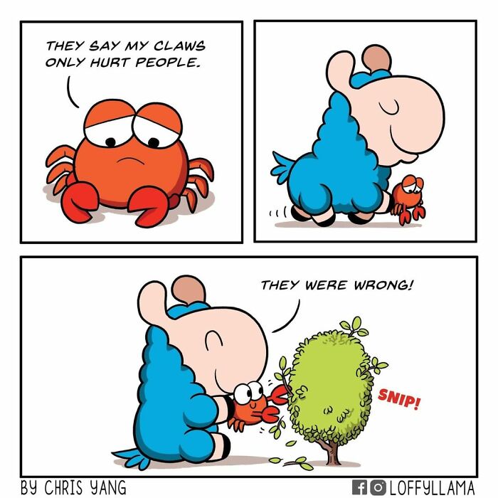 Cartoon animal comic featuring a crab and a blue llama in a funny and cute scene from animal comics.