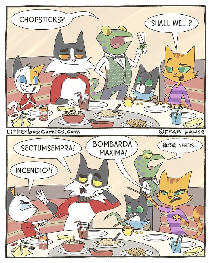 Animal comics with cartoon cats and a frog at a dining table playfully casting spells with chopsticks.