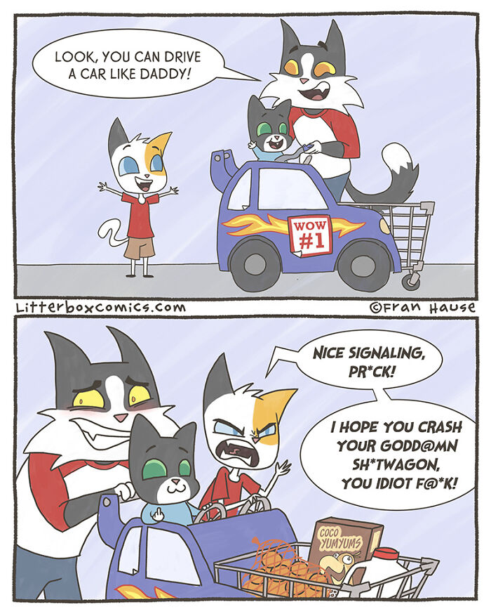 Comic featuring animal characters driving a toy car with humorous and angry expressions in an animal comics style.