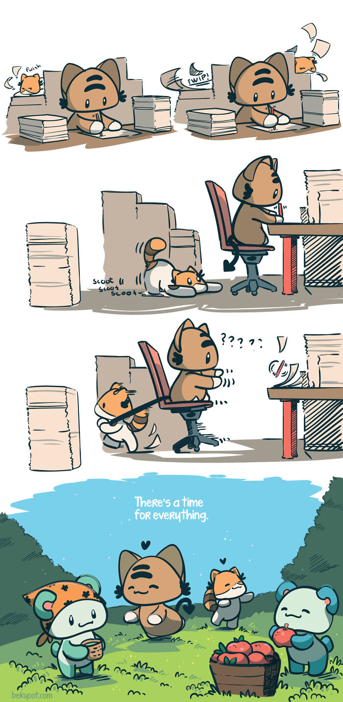Cute animal comics showing playful pets interrupting work and enjoying peaceful moments outdoors together.