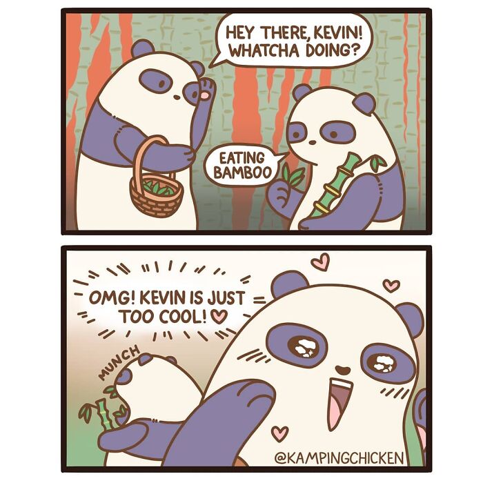 Two pandas in a cute animal comic sharing bamboo, highlighting funny and adorable moments in animal comics.