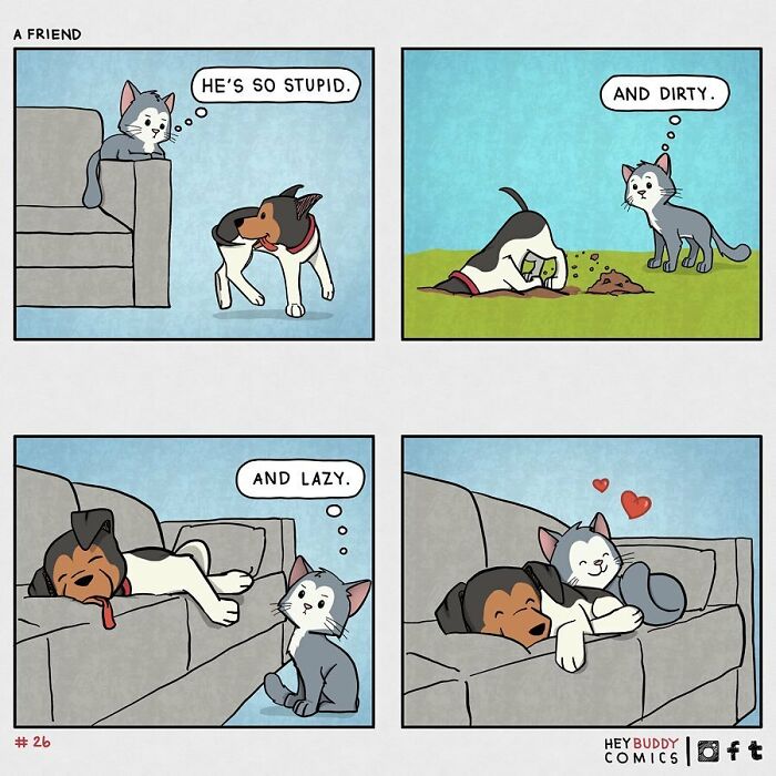 Comic panels showing a cat and dog in a humorous animal comic about friendship and funny pet behavior.