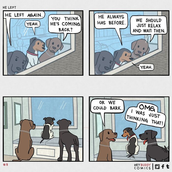Animal comics featuring dogs humorously discussing waiting and barking by a window in a lighthearted scene.