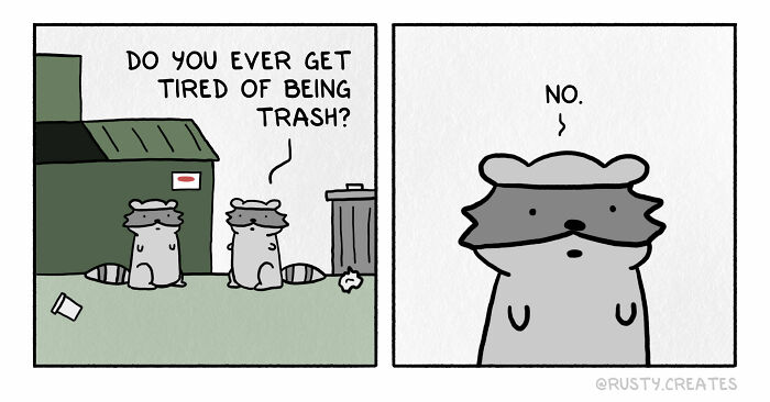 Two raccoons in a comic strip talking about being trash, illustrating funny animal comics to make you smile.