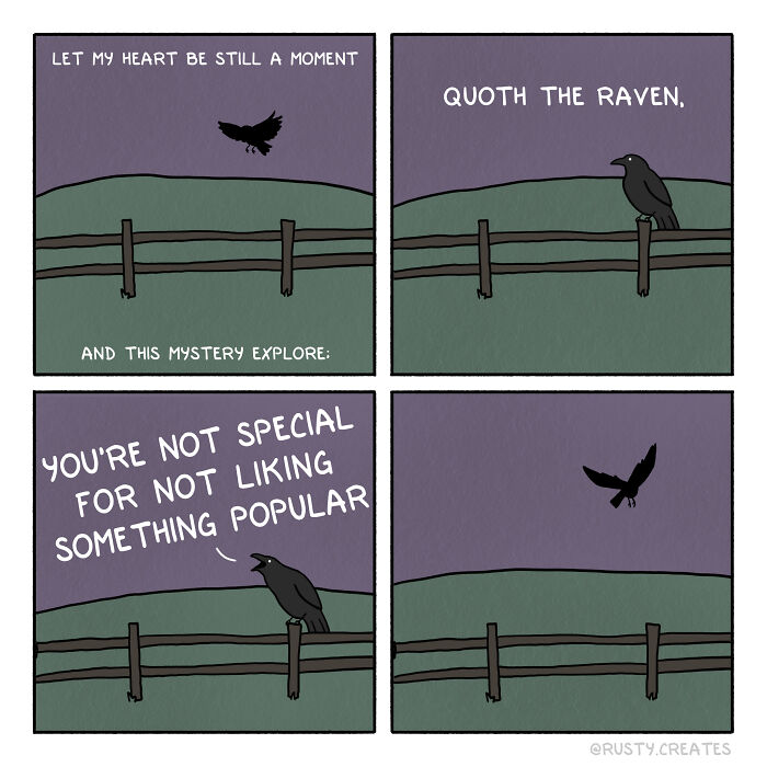 Comic featuring a talking raven on a fence delivering a humorous message in a simple animal comic style.