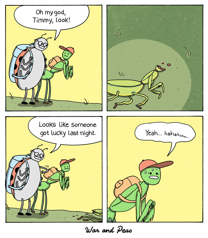 Comic panels of two anthropomorphic insects, one a ladybug and one a praying mantis, sharing a humorous moment in an animal comics style.