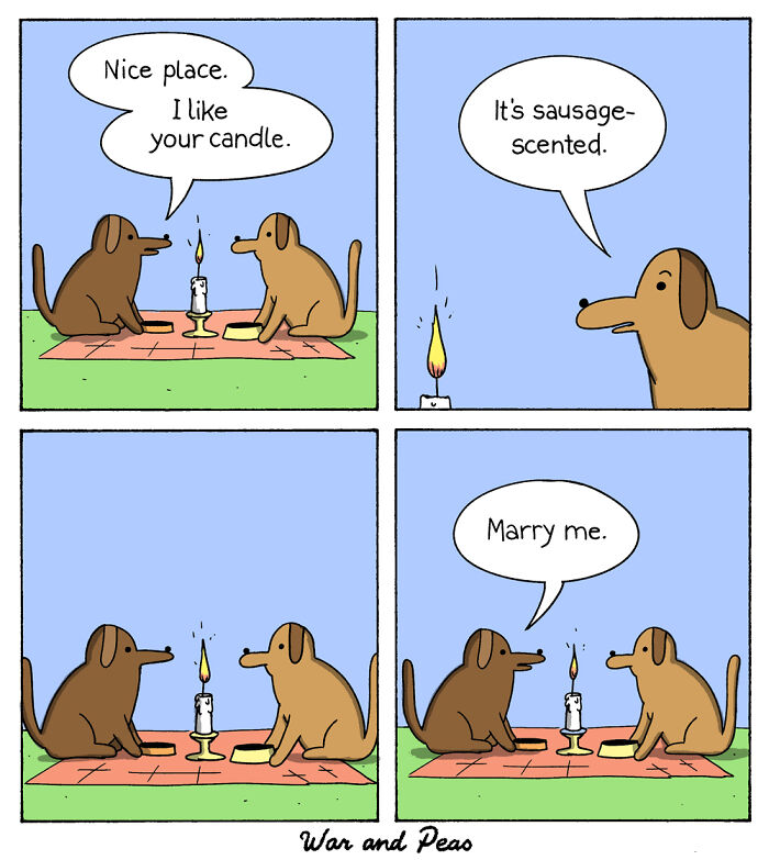 Two dogs having a picnic with a candle, featuring a humorous comic from the animal comics collection.