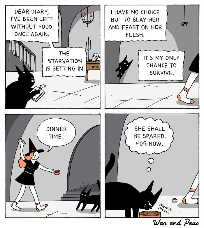 Comic panels showing a black cat narrating starvation, then being fed by a woman in a witch costume, in animal comics style.
