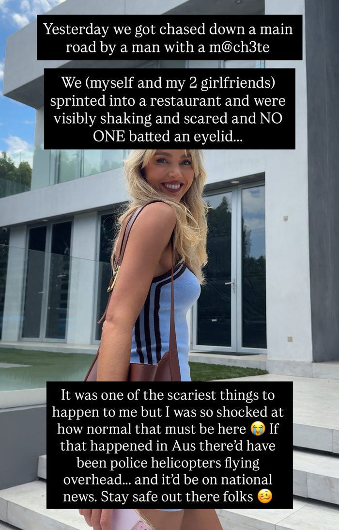 Woman with blonde hair smiling outdoors, sharing experience of being chased by a man with a machete in a scary incident.