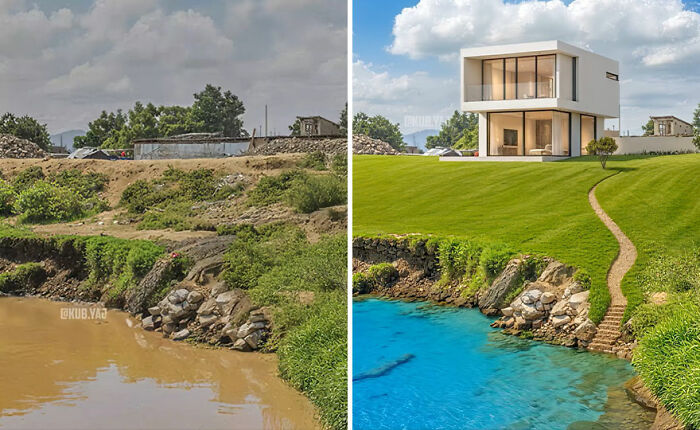 Side-by-side before and after photos of abandoned buildings reimagined with modern architecture and vibrant landscaping.