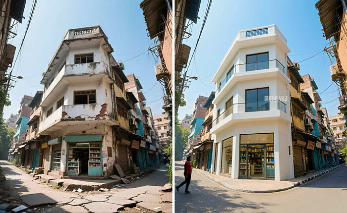 Side-by-side before-and-after photos of abandoned buildings reimagined with modern renovations in an urban setting.