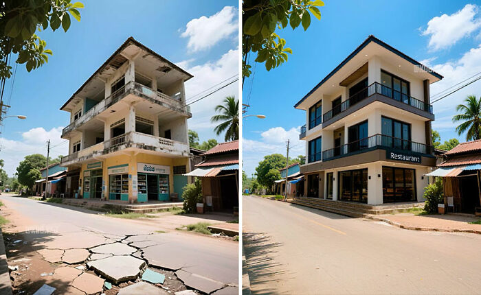 Before-and-after photos of an abandoned building transformed into a modern restaurant in a sunny urban street setting.