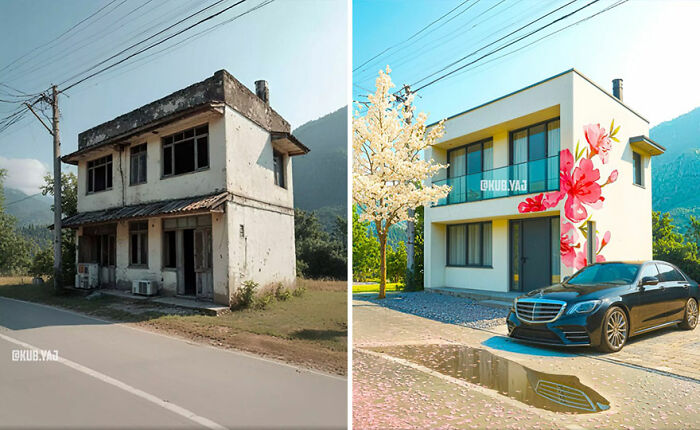 Side-by-side before and after photos showing an abandoned building transformed into a modern home with floral exterior.