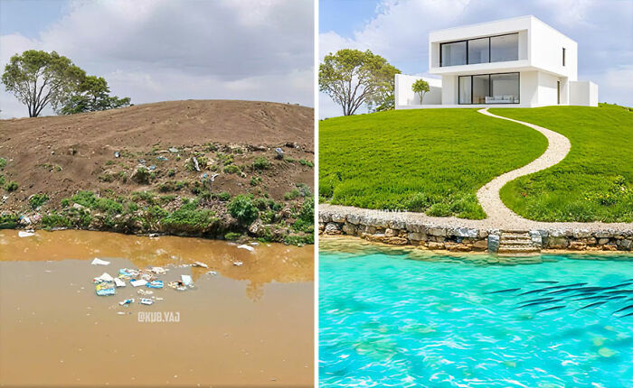 Before-and-after photos showing abandoned building site transformed into a modern house with vibrant landscaping by Kou Yang.