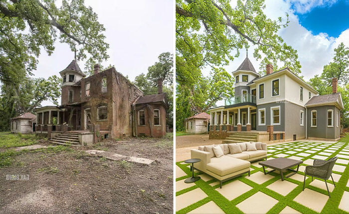 Side-by-side before and after photos of abandoned buildings reimagined with modern renovation and landscaping.