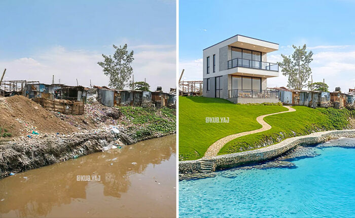 Before-and-after photos showing abandoned buildings transformed into modern homes with green lawns and clean water.
